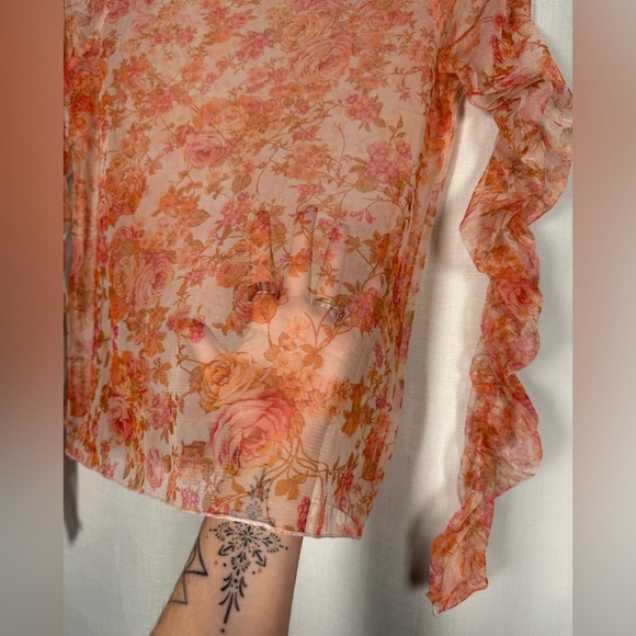Zara Sheer Mesh Red Orange Pink Floral Long Sleeve Top Medium - Picture 9 of 9